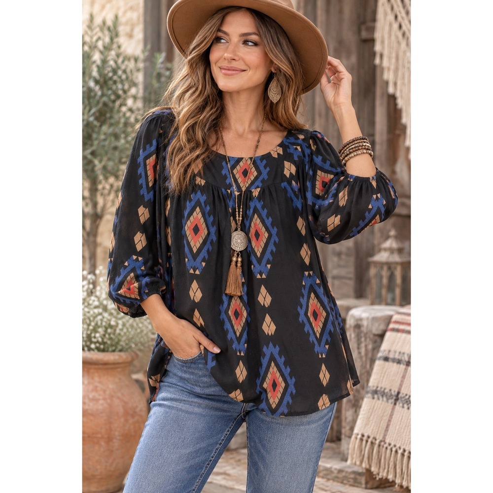 Lucky Brand XL Southwestern Geometric Boho Blouse Black Aztec Western Top